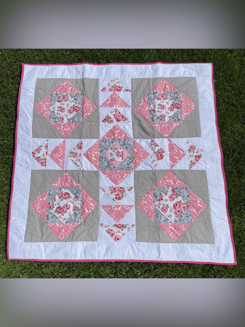 Vintage-Inspired Cozy “Avery Rose Quilt Baby or Throw Blanket In Pinks and Gray